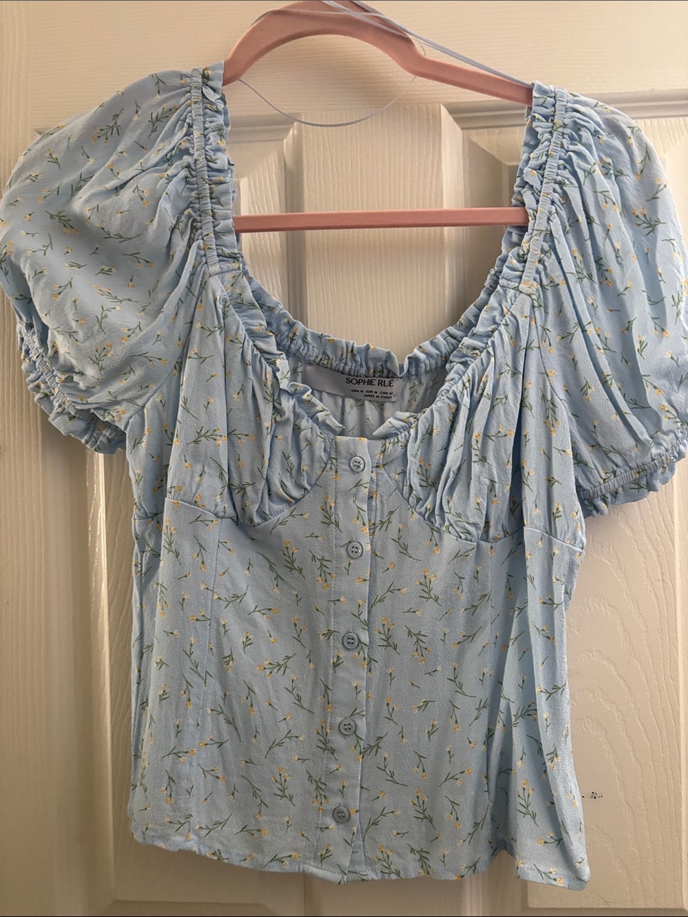Sophie Rue Sky Blue Floral Puff Sleeve Button-Up Top